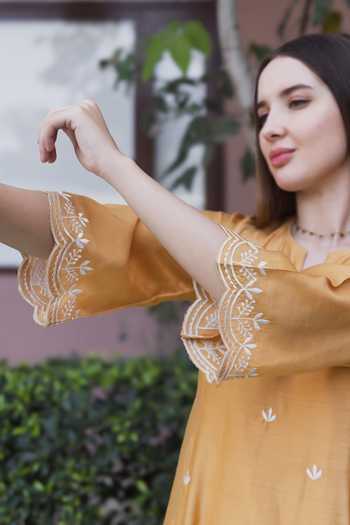 ASRUMO Yellow Chanderi Embroidery Split V-neck, Yes Kurta Set Online at Aza Fashions ASRUMO_Yellow Chanderi Embroidery Split V-neck, Yes Kurta Set _Online_at_Aza_Fashions