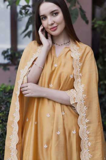 Buy ASRUMO Yellow Chanderi Embroidery Split V-neck, Yes Kurta Set Online at Aza Fashions Buy_ASRUMO_Yellow Chanderi Embroidery Split V-neck, Yes Kurta Set _Online_at_Aza_Fashions