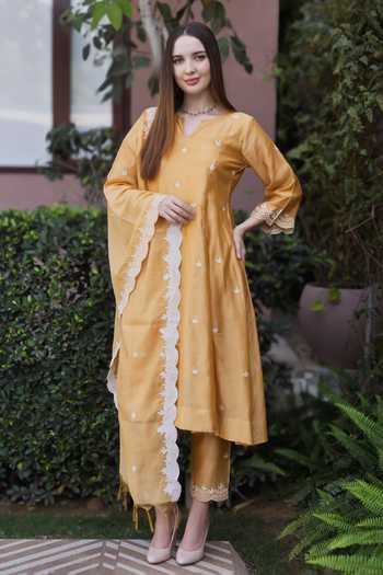 Shop ASRUMO Yellow Chanderi Embroidery Split V-neck, Yes Kurta Set Online at Aza Fashions Shop_ASRUMO_Yellow Chanderi Embroidery Split V-neck, Yes Kurta Set _Online_at_Aza_Fashions