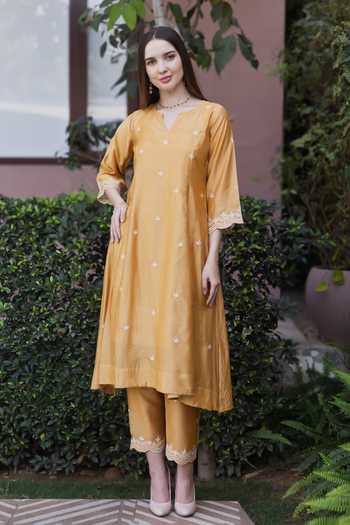 ASRUMO Yellow Chanderi Embroidery Split V-neck, Yes Kurta Set at Aza Fashions ASRUMO_Yellow Chanderi Embroidery Split V-neck, Yes Kurta Set _at_Aza_Fashions