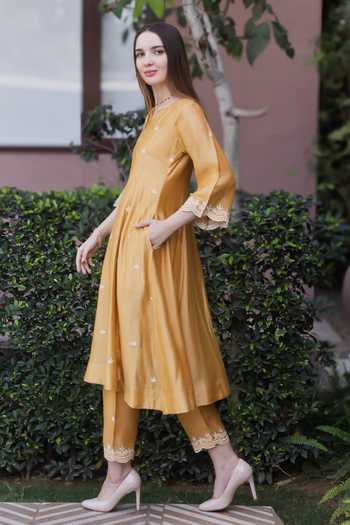 Buy ASRUMO Yellow Chanderi Embroidery Split V-neck, Yes Kurta Set Buy_ASRUMO_Yellow Chanderi Embroidery Split V-neck, Yes Kurta Set