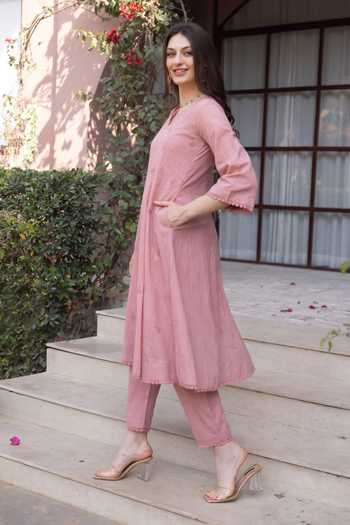 ASRUMO Pink Cotton Embroidery V-neck, Yes Kurta Set at Aza Fashions ASRUMO_Pink Cotton Embroidery V-neck, Yes Kurta Set _at_Aza_Fashions