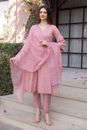 Buy ASRUMO Pink Cotton Embroidery V-neck, Yes Kurta Set Buy_ASRUMO_Pink Cotton Embroidery V-neck, Yes Kurta Set