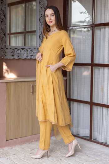 Buy ASRUMO Yellow Cotton Embroidery V-neck Silly Kurta Set Online at Aza Fashions Buy_ASRUMO_Yellow Cotton Embroidery V-neck Silly Kurta Set _Online_at_Aza_Fashions