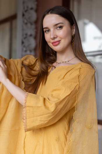 Shop ASRUMO Yellow Cotton Embroidery V-neck Silly Kurta Set Online at Aza Fashions Shop_ASRUMO_Yellow Cotton Embroidery V-neck Silly Kurta Set _Online_at_Aza_Fashions