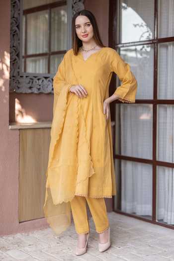 Buy ASRUMO Yellow Cotton Embroidery V-neck Silly Kurta Set at Aza Fashions Buy_ASRUMO_Yellow Cotton Embroidery V-neck Silly Kurta Set _at_Aza_Fashions