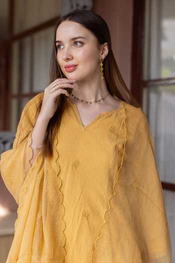ASRUMO Yellow Cotton Embroidery V-neck Silly Kurta Set at Aza Fashions ASRUMO_Yellow Cotton Embroidery V-neck Silly Kurta Set _at_Aza_Fashions