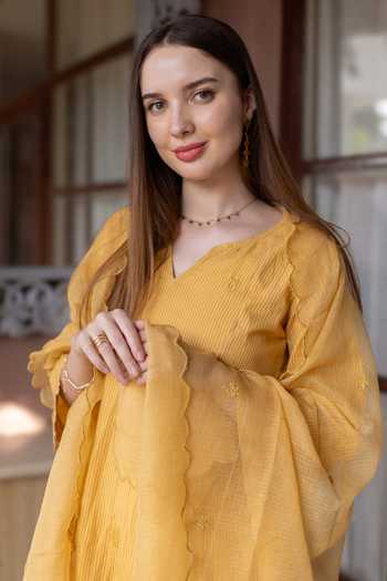 Buy ASRUMO Yellow Cotton Embroidery V-neck Silly Kurta Set Buy_ASRUMO_Yellow Cotton Embroidery V-neck Silly Kurta Set