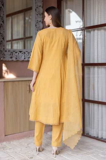 Shop ASRUMO Yellow Cotton Embroidery V-neck Silly Kurta Set at Aza Fashions Shop_ASRUMO_Yellow Cotton Embroidery V-neck Silly Kurta Set _at_Aza_Fashions