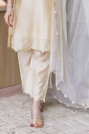 Buy_ASRUMO_Gold Chanderi, Organza Embroidery V-neck, Yes Straight Kurta Set _Online_at_Aza_Fashions