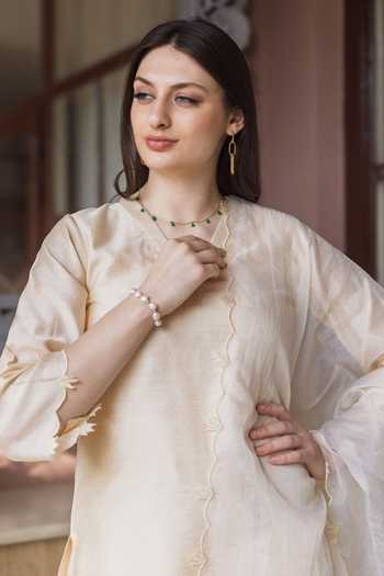 Shop_ASRUMO_Gold Chanderi, Organza Embroidery V-neck, Yes Straight Kurta Set _Online_at_Aza_Fashions