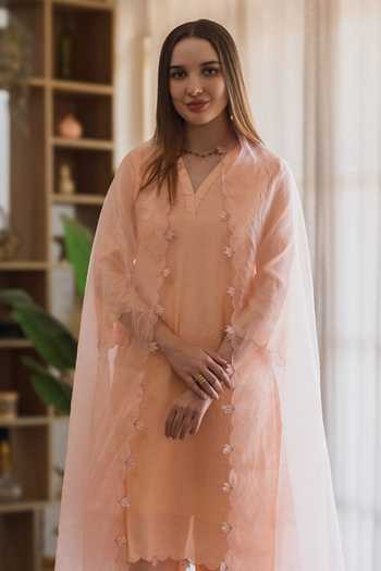 ASRUMO_Peach Chanderi Embroidery V-neck Straight Kurta Set _Online_at_Aza_Fashions