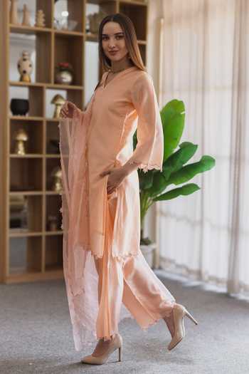 Shop_ASRUMO_Peach Chanderi Embroidery V-neck Straight Kurta Set _Online_at_Aza_Fashions