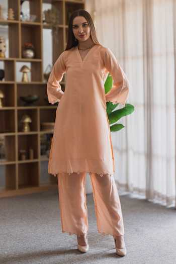 ASRUMO_Peach Chanderi Embroidery V-neck Straight Kurta Set _at_Aza_Fashions
