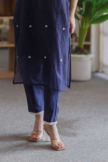 Buy_ASRUMO_Navy Kota Doria Embroidery V-neck, Yes Kurta Set _Online_at_Aza_Fashions