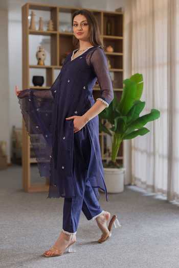 Shop_ASRUMO_Navy Kota Doria Embroidery V-neck, Yes Kurta Set _Online_at_Aza_Fashions