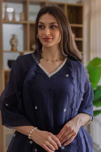 ASRUMO_Navy Kota Doria Embroidery V-neck, Yes Kurta Set _at_Aza_Fashions
