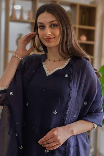 Shop_ASRUMO_Navy Kota Doria Embroidery V-neck, Yes Kurta Set 