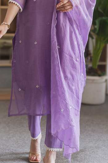 ASRUMO_Purple Doriya Machine Embroidery V-neck, Yes Kurta Set _Online_at_Aza_Fashions