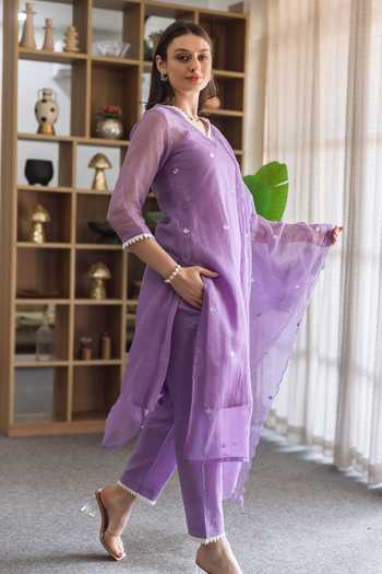 Shop_ASRUMO_Purple Doriya Machine Embroidery V-neck, Yes Kurta Set _Online_at_Aza_Fashions