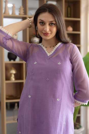 ASRUMO_Purple Doriya Machine Embroidery V-neck, Yes Kurta Set _at_Aza_Fashions