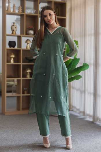 Shop_ASRUMO_Emerald Green Doriya Embroidery V-neck Kota Kurta Set _Online_at_Aza_Fashions