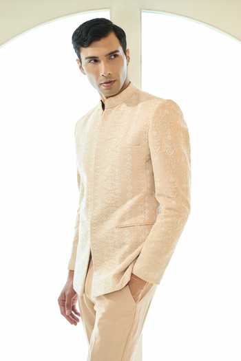 Rabani & Rakha_Pink Silk, Cotton Embroidery, Sequins Bandhgala And Pant Set _Online_at_Aza_Fashions