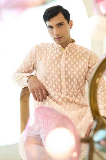 Rabani & Rakha_Pink Silk, Cotton, Organza Embroidery, Sequins Kurta And Pant Set _Online_at_Aza_Fashions