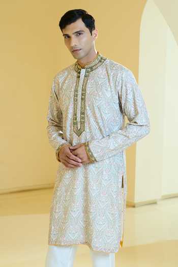 Buy_Rabani & Rakha_Green Silk, Cotton Embroidery, Pearls, Stones Kurta And Pant Set _Online_at_Aza_Fashions