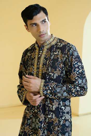Buy_Rabani & Rakha_Blue Silk, Cotton Embroidery, Pearls, Stones Kurta And Pant Set _Online_at_Aza_Fashions