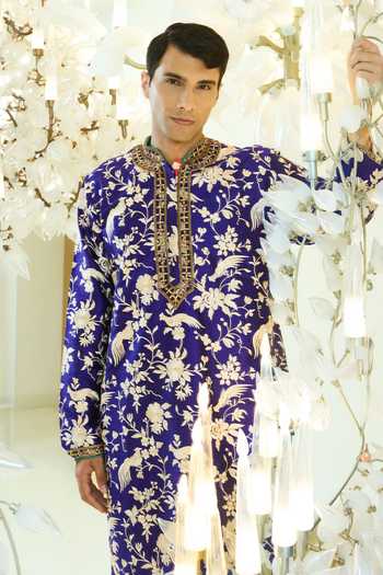 Buy Rabani & Rakha Blue Silk, Cotton Pearls, Stones Embroidered Kurta And Pant Set Online at Aza Fashions Buy_Rabani & Rakha_Blue Silk, Cotton Pearls, Stones Embroidered Kurta And Pant Set _Online_at_Aza_Fashions