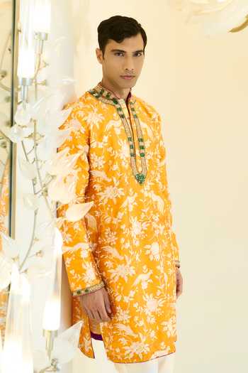 Buy Rabani & Rakha Yellow Silk, Cotton Embroidery, Pearls, Stones Kurta And Pant Set Online at Aza Fashions Buy_Rabani & Rakha_Yellow Silk, Cotton Embroidery, Pearls, Stones Kurta And Pant Set _Online_at_Aza_Fashions
