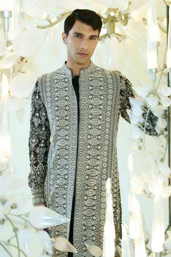 Rabani & Rakha Black Silk, Cotton Embroidery Kurta And Pant Set Online at Aza Fashions Rabani & Rakha_Black Silk, Cotton Embroidery Kurta And Pant Set _Online_at_Aza_Fashions