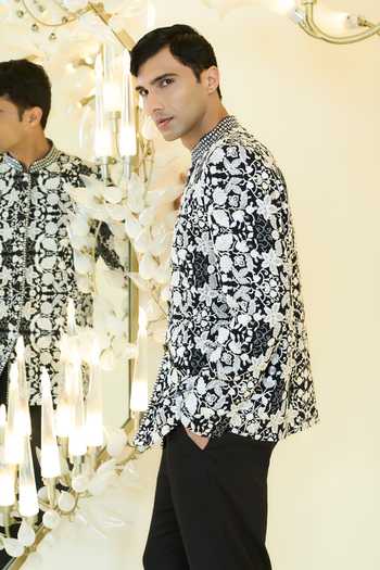 Rabani & Rakha_Black Embroidery Thread Work Bandhgala And Pant Set _Online_at_Aza_Fashions