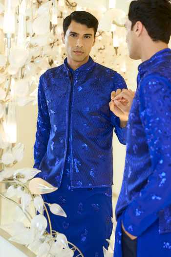Rabani & Rakha_Blue Sequins Embellished Bundi Kurta Set _Online_at_Aza_Fashions