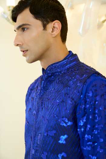 Buy_Rabani & Rakha_Blue Sequins Embellished Bundi Kurta Set _Online_at_Aza_Fashions