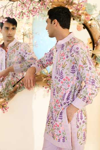 Buy_Rabani & Rakha_Lilac Silk, Cotton Embroidery, Sequins Kurta And Pant Set _Online_at_Aza_Fashions