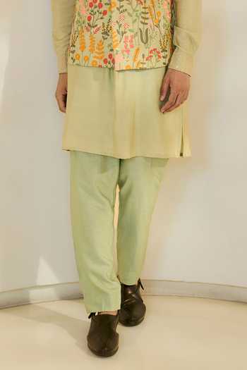 Rabani & Rakha_Green Silk, Cotton Embroidery, Sequins Bundi Kurta Set _Online_at_Aza_Fashions