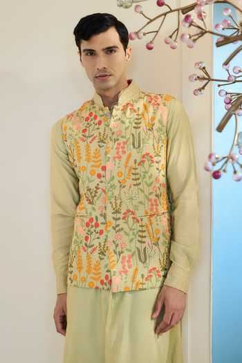 Buy_Rabani & Rakha_Green Silk, Cotton Embroidery, Sequins Bundi Kurta Set _Online_at_Aza_Fashions