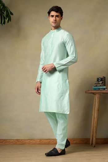 Pomcha Jaipur_Turquoise Silk, Cotton Chaap Plain Kurta Set _Online_at_Aza_Fashions