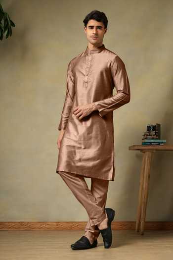 Pomcha Jaipur Chaap Brown Cotton Silk Kurta Set 