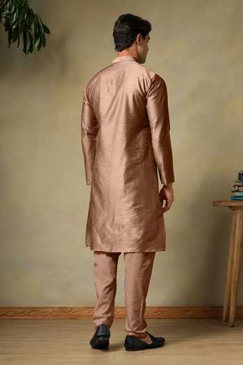 Pomcha Jaipur Chaap Brown Cotton Silk Kurta Set 