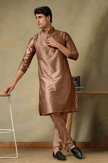 Shop Pomcha Jaipur Brown Silk, Cotton Chaap Kurta Set Online at Aza Fashions Shop_Pomcha Jaipur_Brown Silk, Cotton Chaap Kurta Set _Online_at_Aza_Fashions