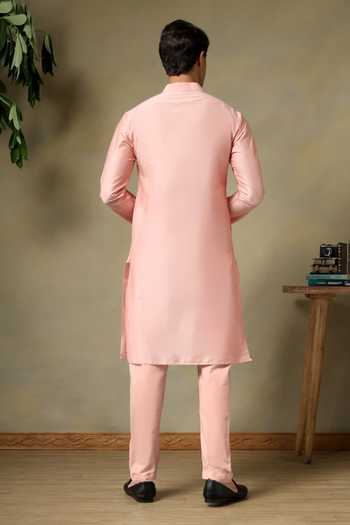 Pomcha Jaipur Chaap Salmon Pink Cotton Silk Kurta Set 