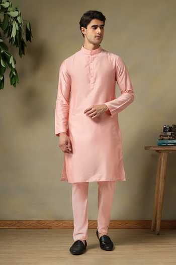 Buy Pomcha Jaipur Pink Silk, Cotton Chaap Salmon Kurta Set Online at Aza Fashions Buy_Pomcha Jaipur_Pink Silk, Cotton Chaap Salmon Kurta Set _Online_at_Aza_Fashions