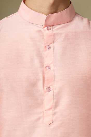 Shop Pomcha Jaipur Pink Silk, Cotton Chaap Salmon Kurta Set Online at Aza Fashions Shop_Pomcha Jaipur_Pink Silk, Cotton Chaap Salmon Kurta Set _Online_at_Aza_Fashions