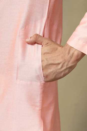 Pomcha Jaipur Pink Silk, Cotton Chaap Salmon Kurta Set at Aza Fashions Pomcha Jaipur_Pink Silk, Cotton Chaap Salmon Kurta Set _at_Aza_Fashions