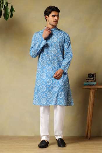 Buy_Pomcha Jaipur_Blue Cotton Chaap Hand Block Kurta Set _Online_at_Aza_Fashions