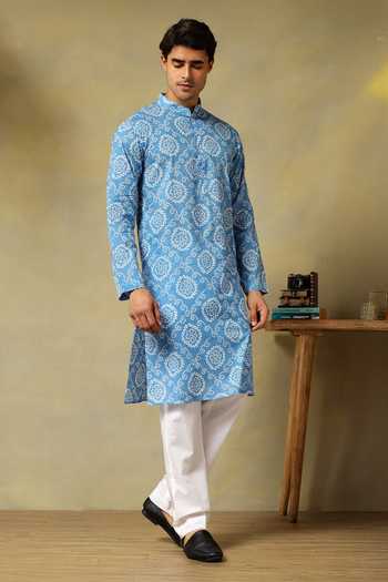 Pomcha Jaipur_Blue Cotton Chaap Hand Block Kurta Set _at_Aza_Fashions