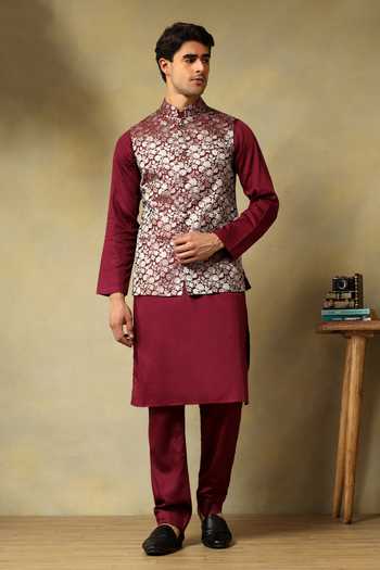 Shop_Pomcha Jaipur_Maroon Silk Zari Chaap Brocade Bundi Kurta Set _Online_at_Aza_Fashions